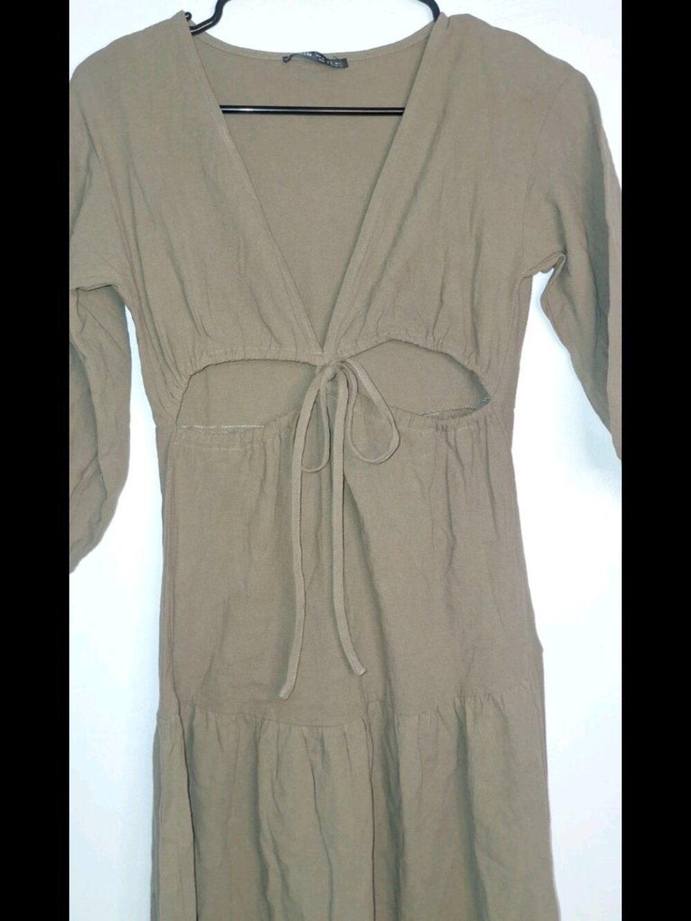 SHEIN Women’s Midi Dress Size XS Sage Green Cut Out Tie Front Puff Sleeve A-Line